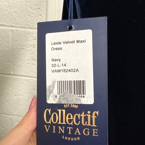 Collectif Vintage Navy Lexie Velvet Maxi Dress L UK 14 Long Sleeve Draped V-Neck - Picture 12 of 13